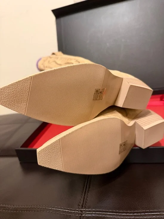 Women's Tan Faux Suede Knee-High Western Heeled Boots - Picture 7 of 9